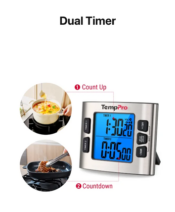 TempPro TM02 Digital Kitchen Timer — Dual Countdown, 2.6" LCD