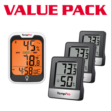 TempPro TP358 Bluetooth Hygrometer + TP49B Mini Hygrometer 3-Pack — Indoor Temperature & Humidity Monitor