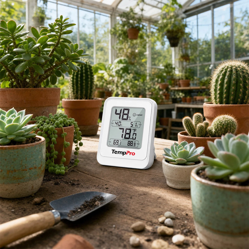 Termómetro e higrómetro para invernaderos TempPro TP150 — ±0.5°C/±2% RH, máx/mín 24h