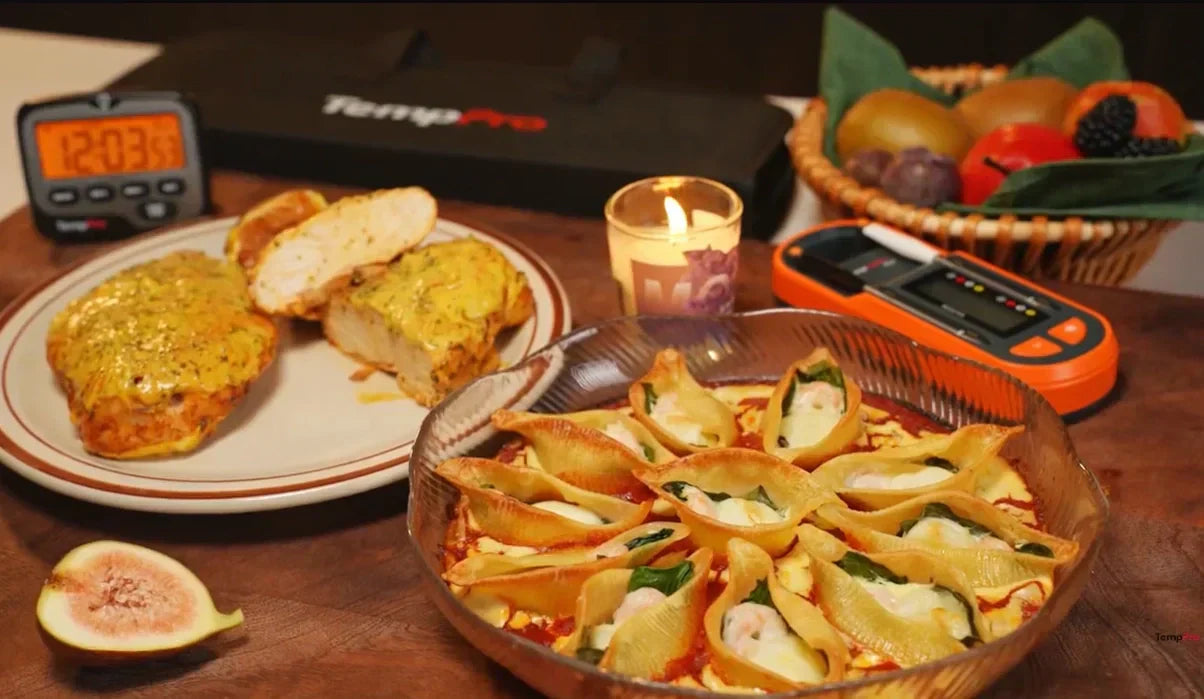 Spicy Garlic-Herb Baked Chicken & ﻿Creamy Shrimp Shell Pasta