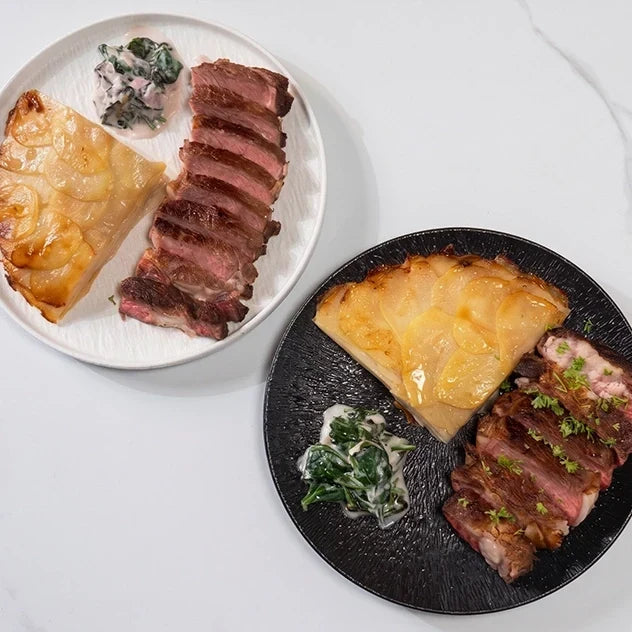 Pan-Seared Ribeye Steak with Crispy Potato Boulangere