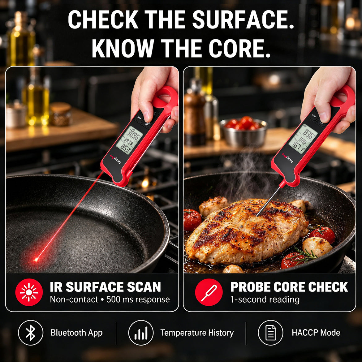 TempPro TP925 Infrared Thermometer Gun with Probe, HACCP Alert with App