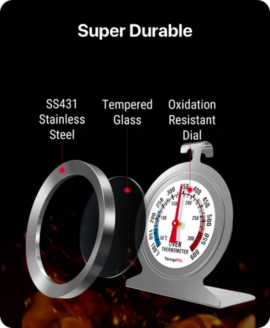 TempPro AOT200 Oven Thermometer — 100–600°F, Battery-Free, Anti-Rust Dial