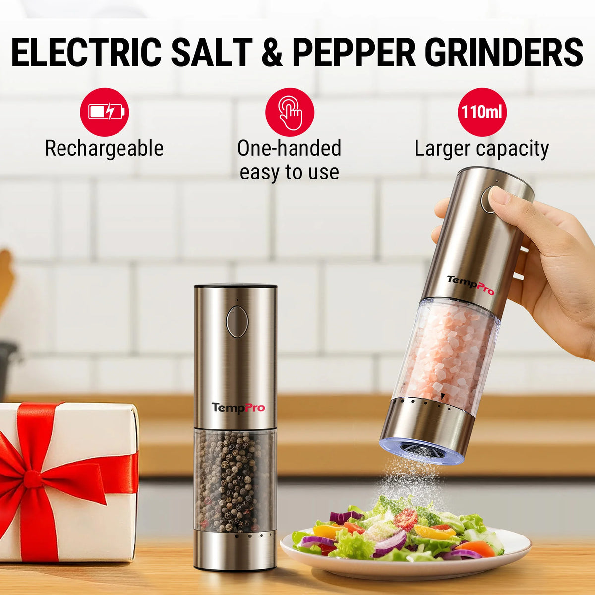 TempPro APG710 Electric Salt & Pepper Grinder Set — One-Handed, USB-C Rechargeable