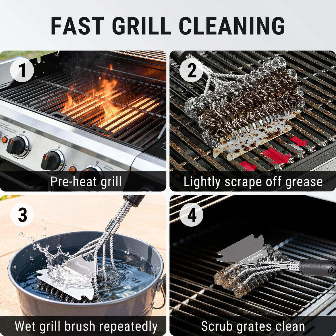 Cepillo de parrilla sin cerdas TempPro AGT300 — Triple hélice 3D, raspador incorporado