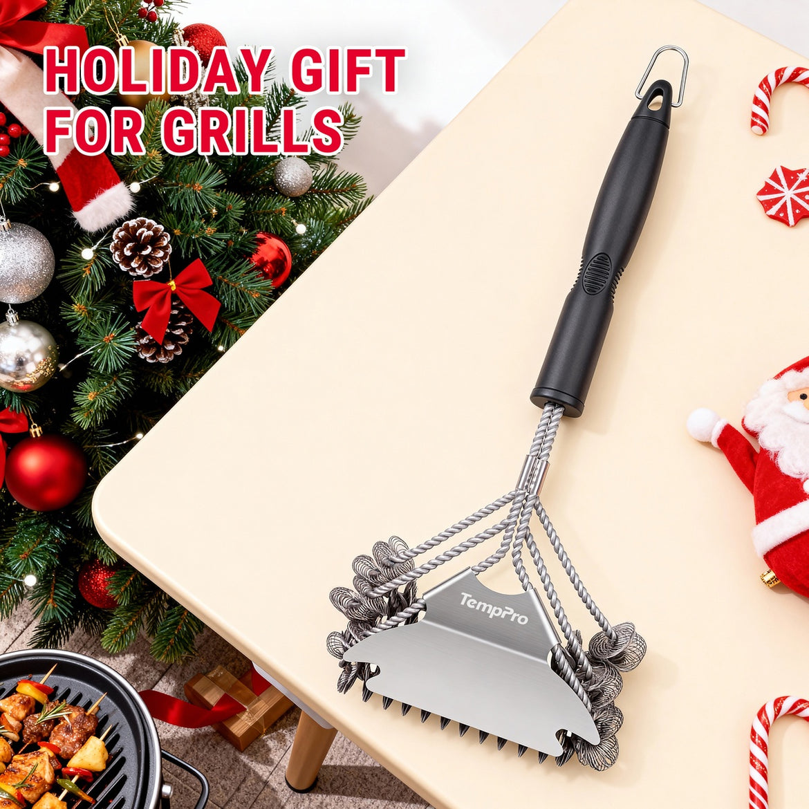 TempPro AGT300 Bristle-Free Grill Brush — 3D Triple-Helix, Built-In Scraper