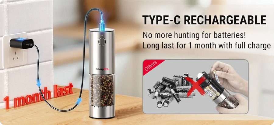 TempPro APG710 Electric Salt & Pepper Grinder Set — One-Handed, USB-C Rechargeable