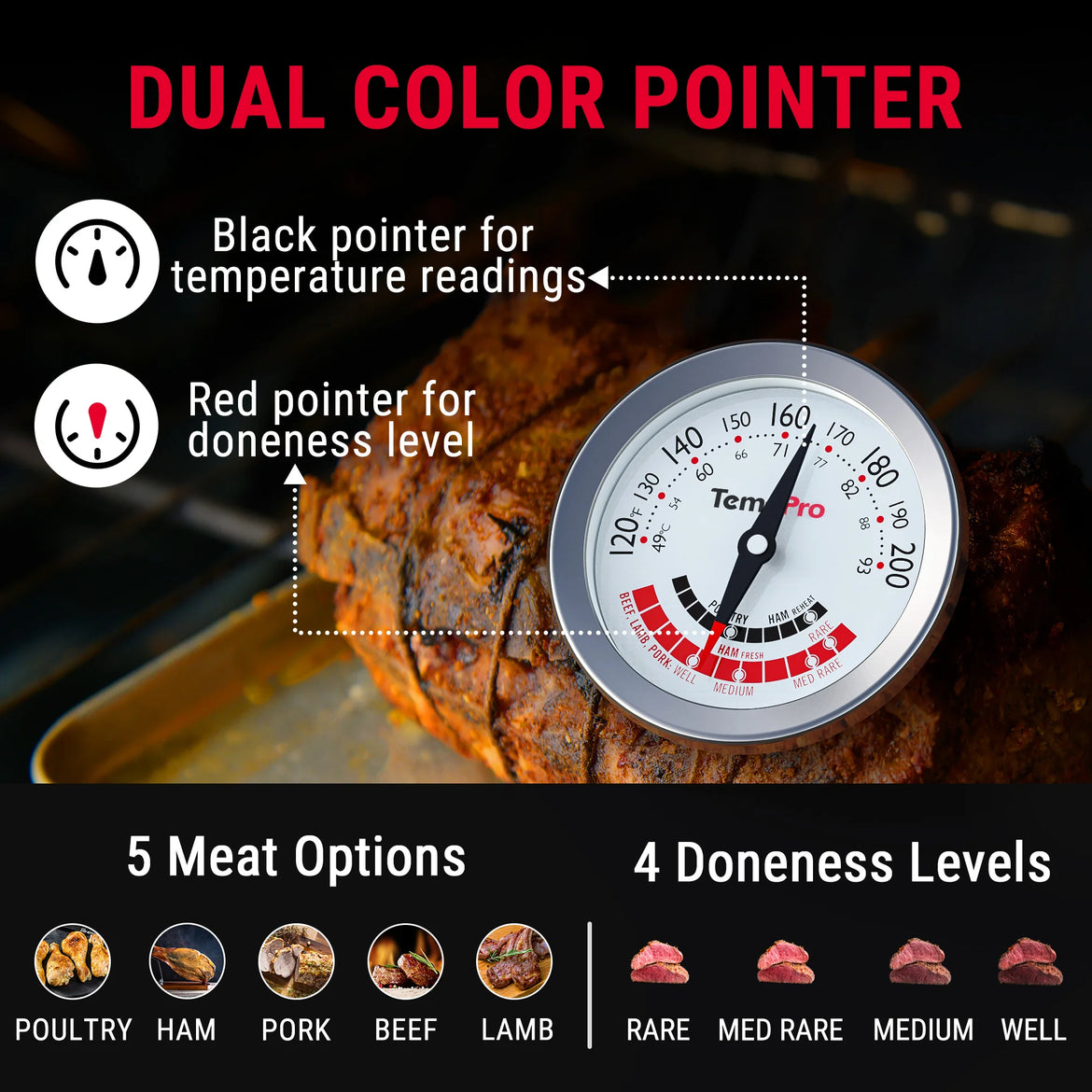 TempPro APT200-12A Instant-Read Meat Thermometer - Battery-Free Dial, 5.1" Probe