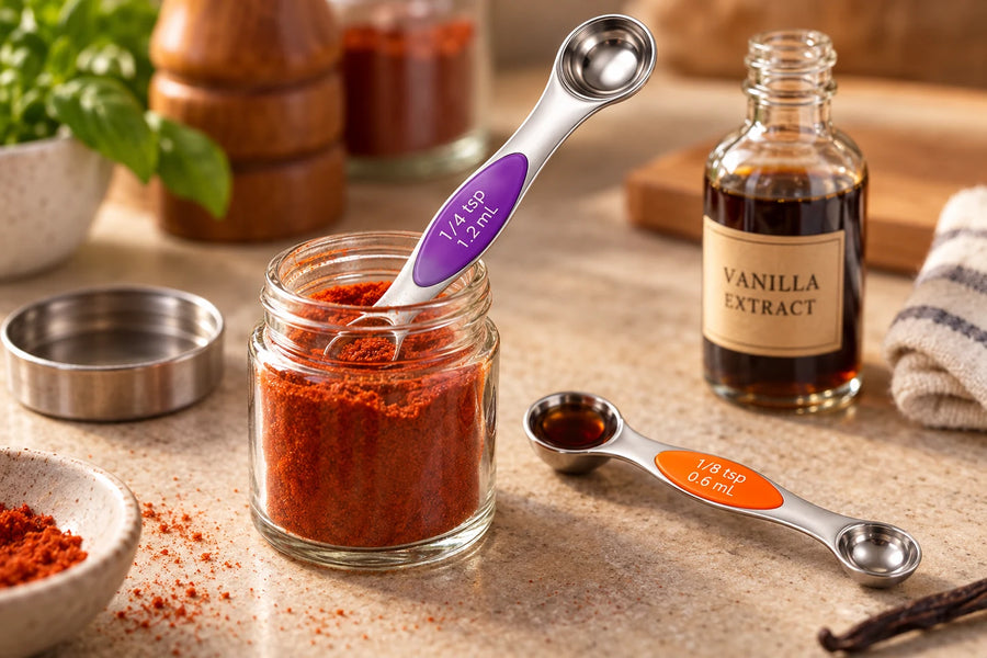 Juego de cucharas medidoras magnéticas TempPro ATY13: 9 piezas de acero inoxidable de doble cara con nivelador, compatibles con frascos de especias