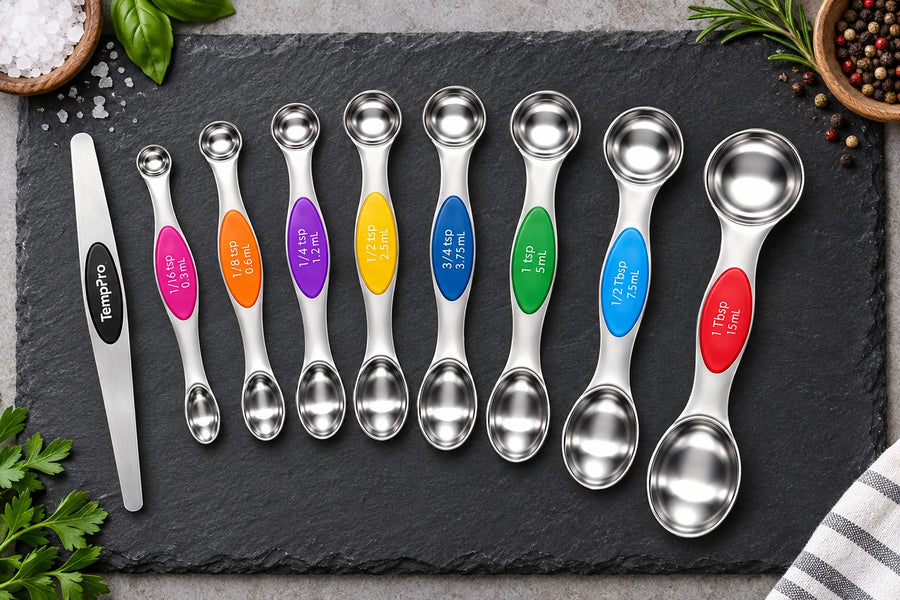 Juego de cucharas medidoras magnéticas TempPro ATY13: 9 piezas de acero inoxidable de doble cara con nivelador, compatibles con frascos de especias