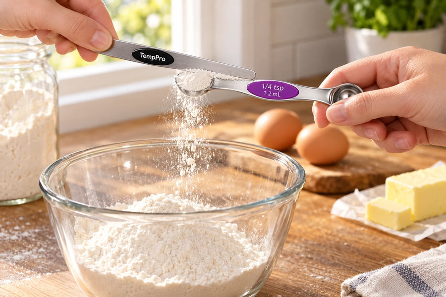 Juego de cucharas medidoras magnéticas TempPro ATY13: 9 piezas de acero inoxidable de doble cara con nivelador, compatibles con frascos de especias