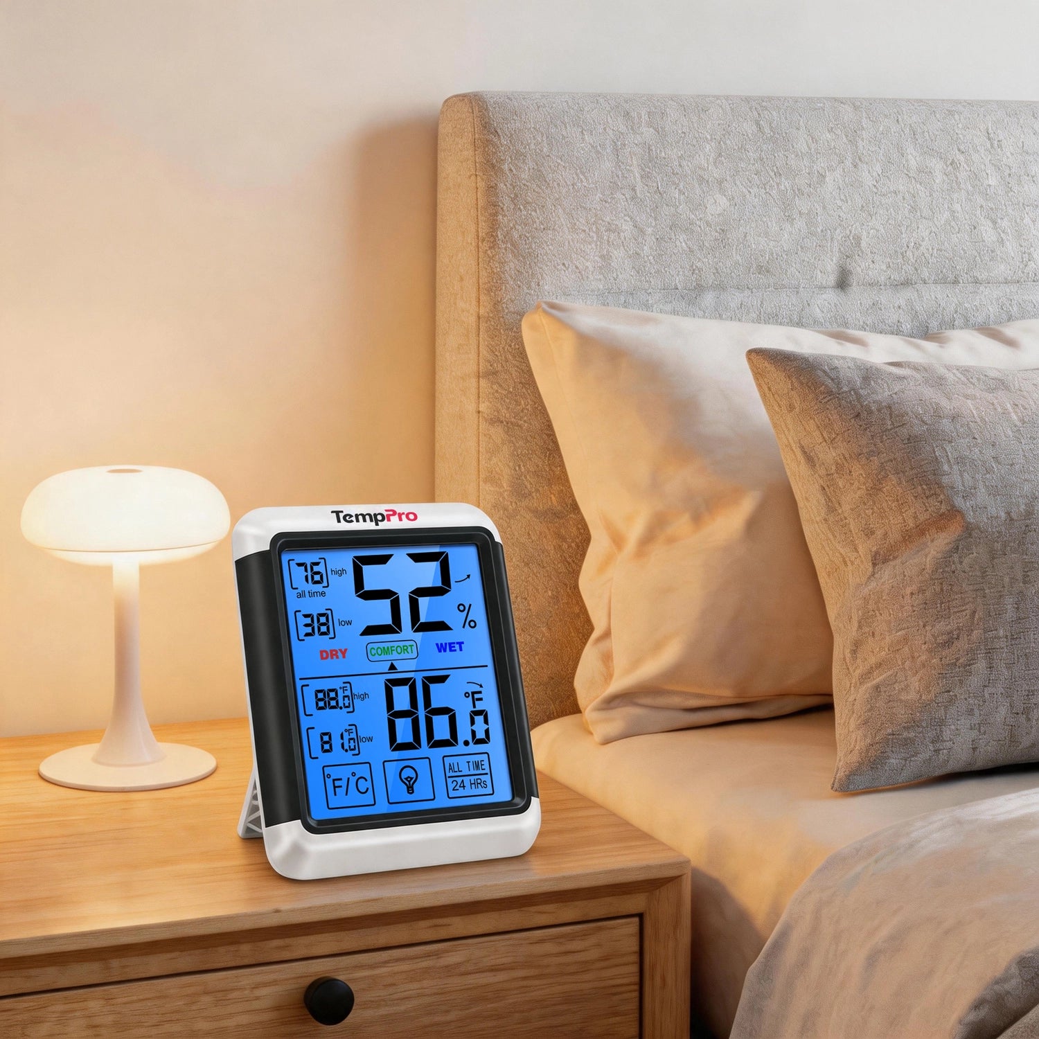 TempPro TP55 Digital Indoor Thermometer & Hygrometer — ±1°F/±2% RH, High/Low Records