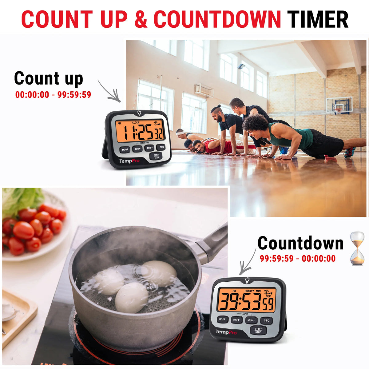 TempPro TM01 Digital Kitchen Timer — Long 99h Countdown, Clear LCD