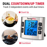 TempPro TM02 Digital Kitchen Timer — Dual Countdown, 2.6" LCD