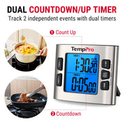 TempPro TM02 Digital Kitchen Timer — Dual Countdown, 2.6" LCD