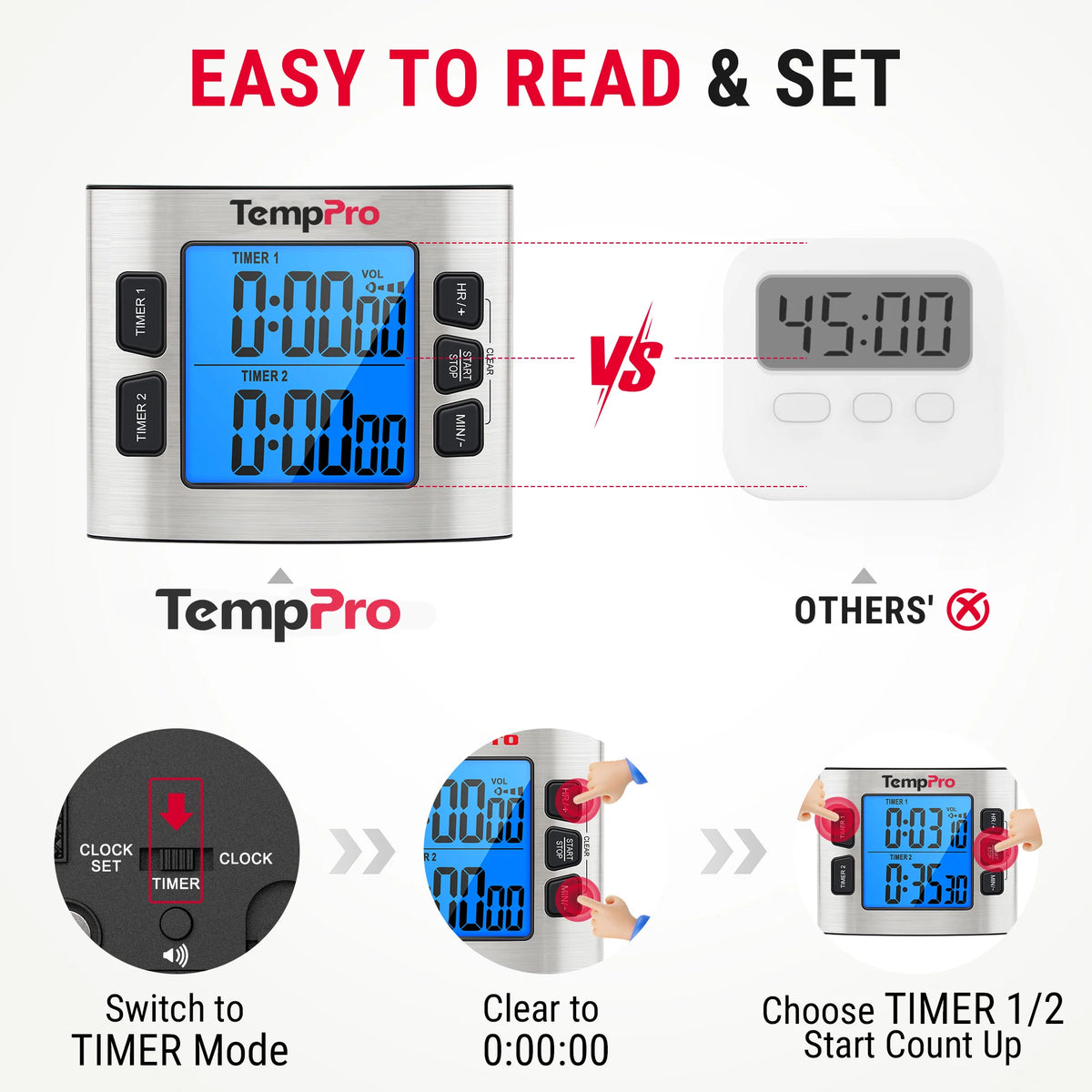 TempPro TM02 Digital Kitchen Timer — Dual Countdown, 2.6" LCD