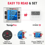 TempPro TM02 Digital Kitchen Timer — Dual Countdown, 2.6" LCD