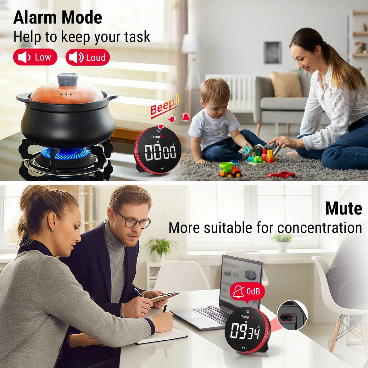 TempPro TM04 Digital Kitchen Timer — One-Touch Control, 3.1" LED