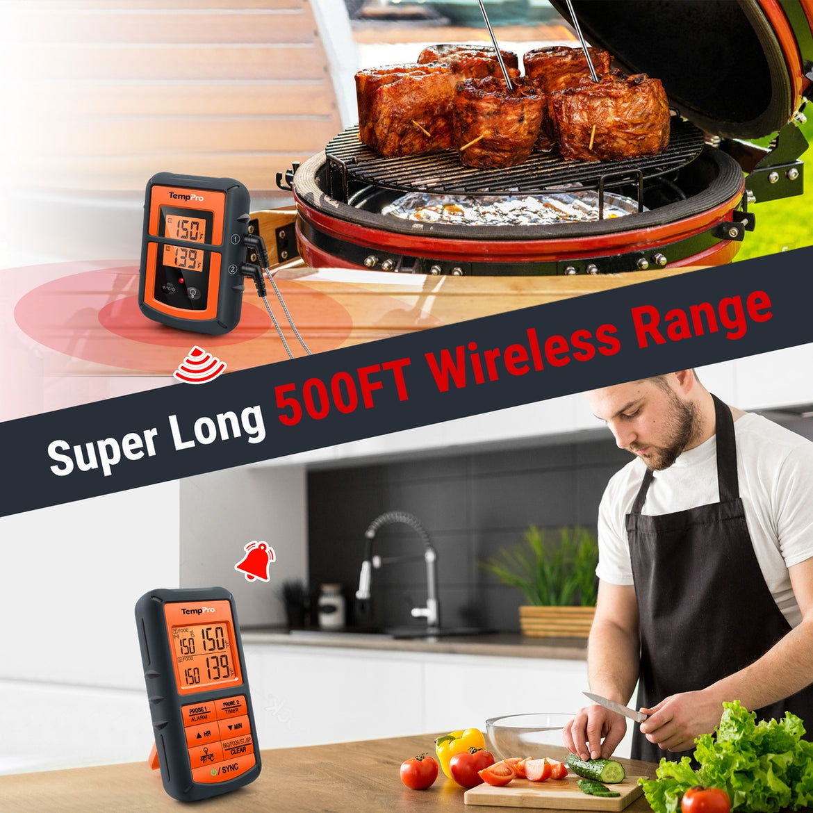 Termómetro de Carne Inalámbrico TempPro TempSync CORE TP08S — Doble Sonda, Transmisor y Receptor (No se Requiere Aplicación)