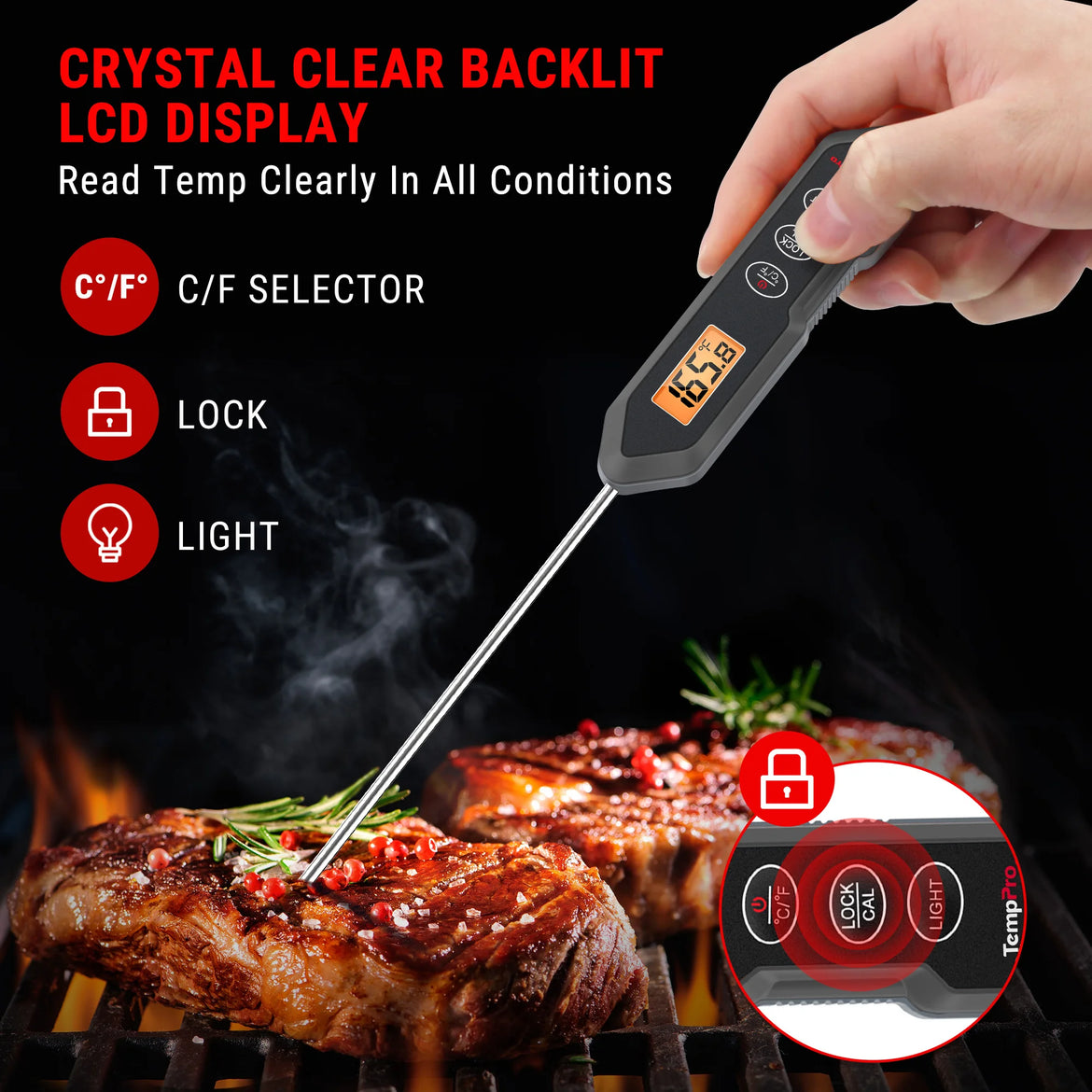 TempPro TempSwift CORE TP15HW Instant-Read Meat Thermometer — 1 Second Read, IPX6 Waterproof, Black