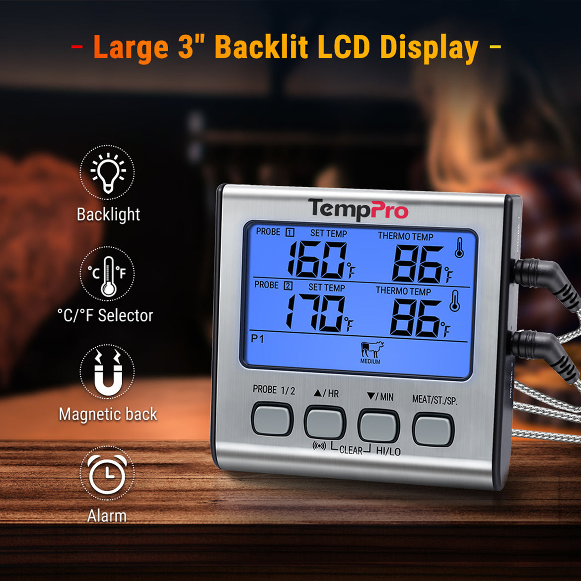 TempPro TempTrack PLUS TP17 Leave-In Meat Thermometer — Oven & Grill Safe, Timer & Alarm