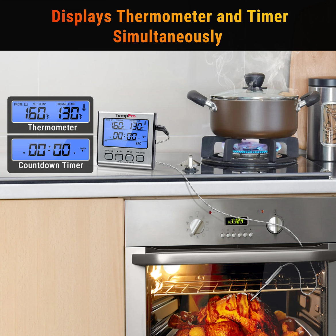 Thermomètre à viande TempPro TempTrack PLUS TP17 – Utilisation au four et sur le grill, avec minuterie et alarme