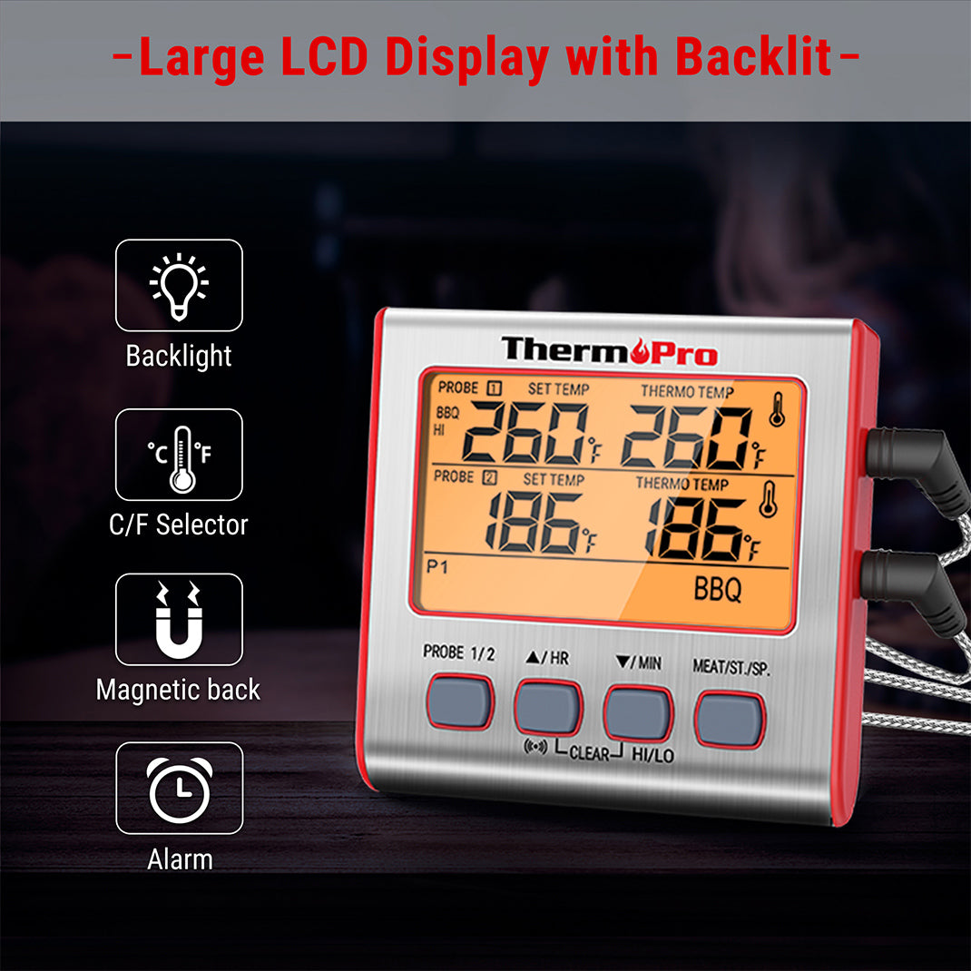 Thermomètre à viande numérique TP17W avec deux sondes et mode minuterie Thermomètre pour fumoir et gril avec grand écran LCD