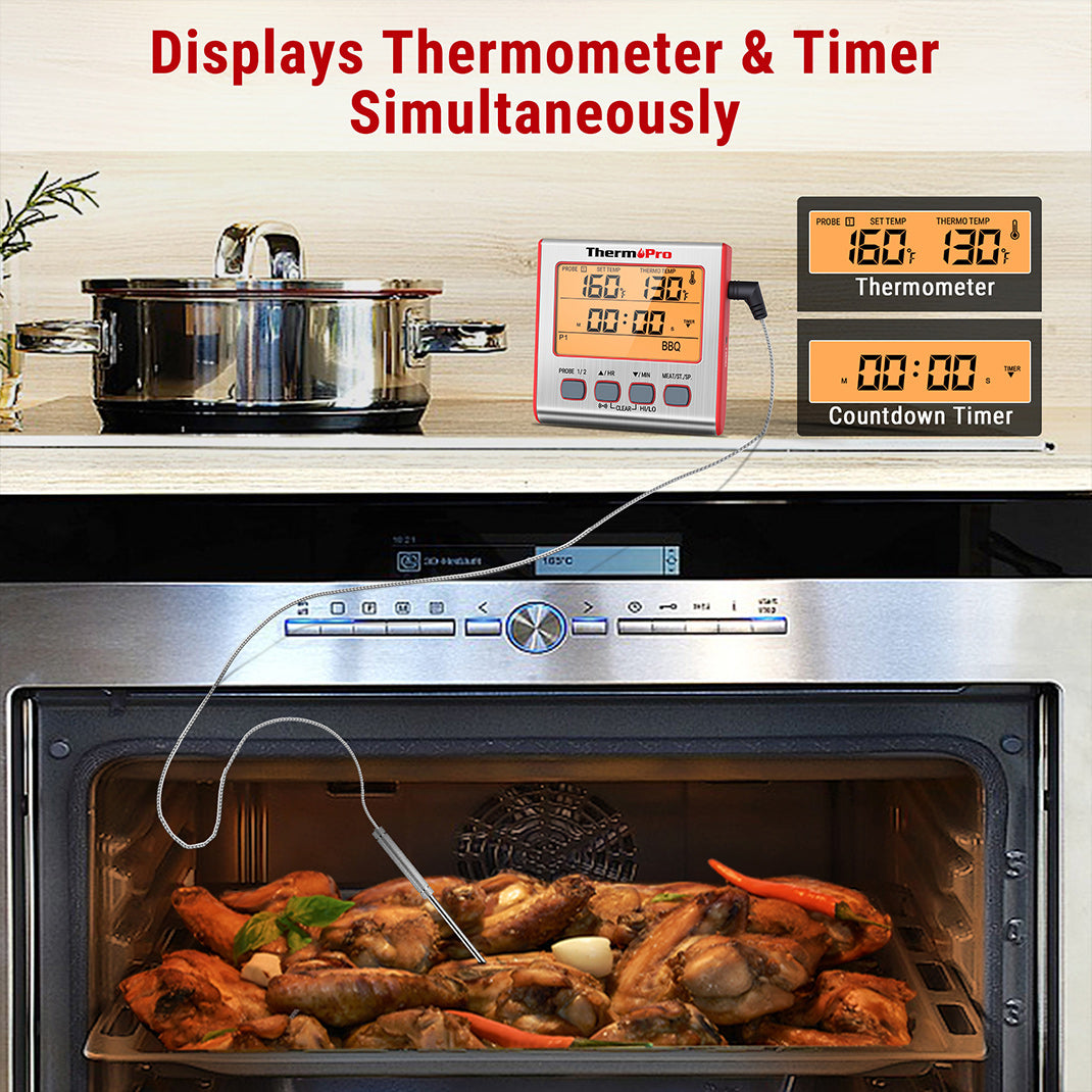 Thermomètre à viande numérique TP17W avec deux sondes et mode minuterie Thermomètre pour fumoir et gril avec grand écran LCD