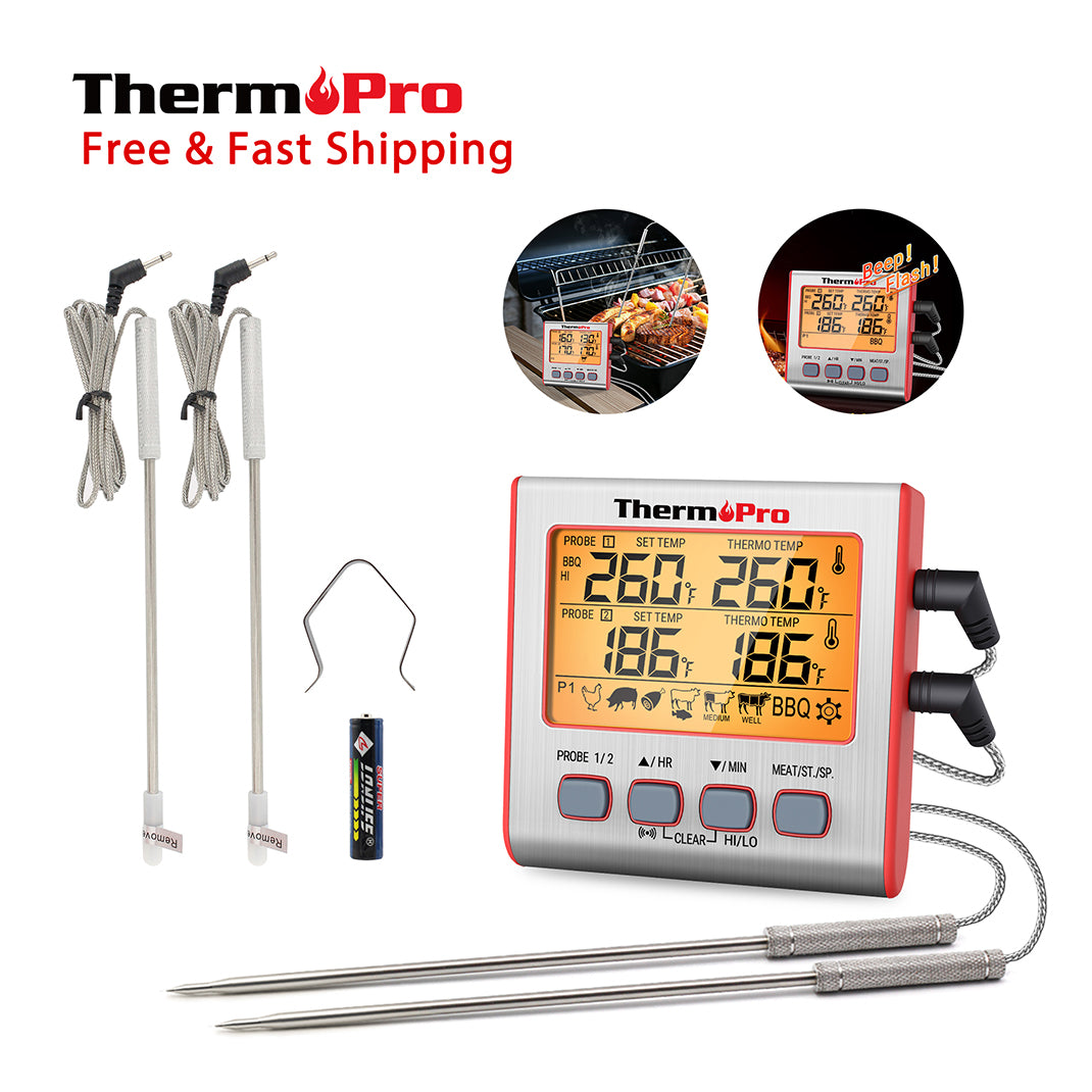 Thermomètre à viande numérique TP17W avec deux sondes et mode minuterie Thermomètre pour fumoir et gril avec grand écran LCD