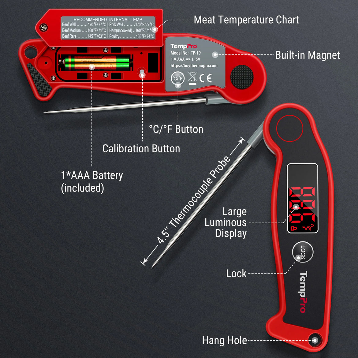 Thermomètre de cuisson numérique instantané TempPro TempSwift ELITE TP19 – Rapide et précis, rétroéclairé