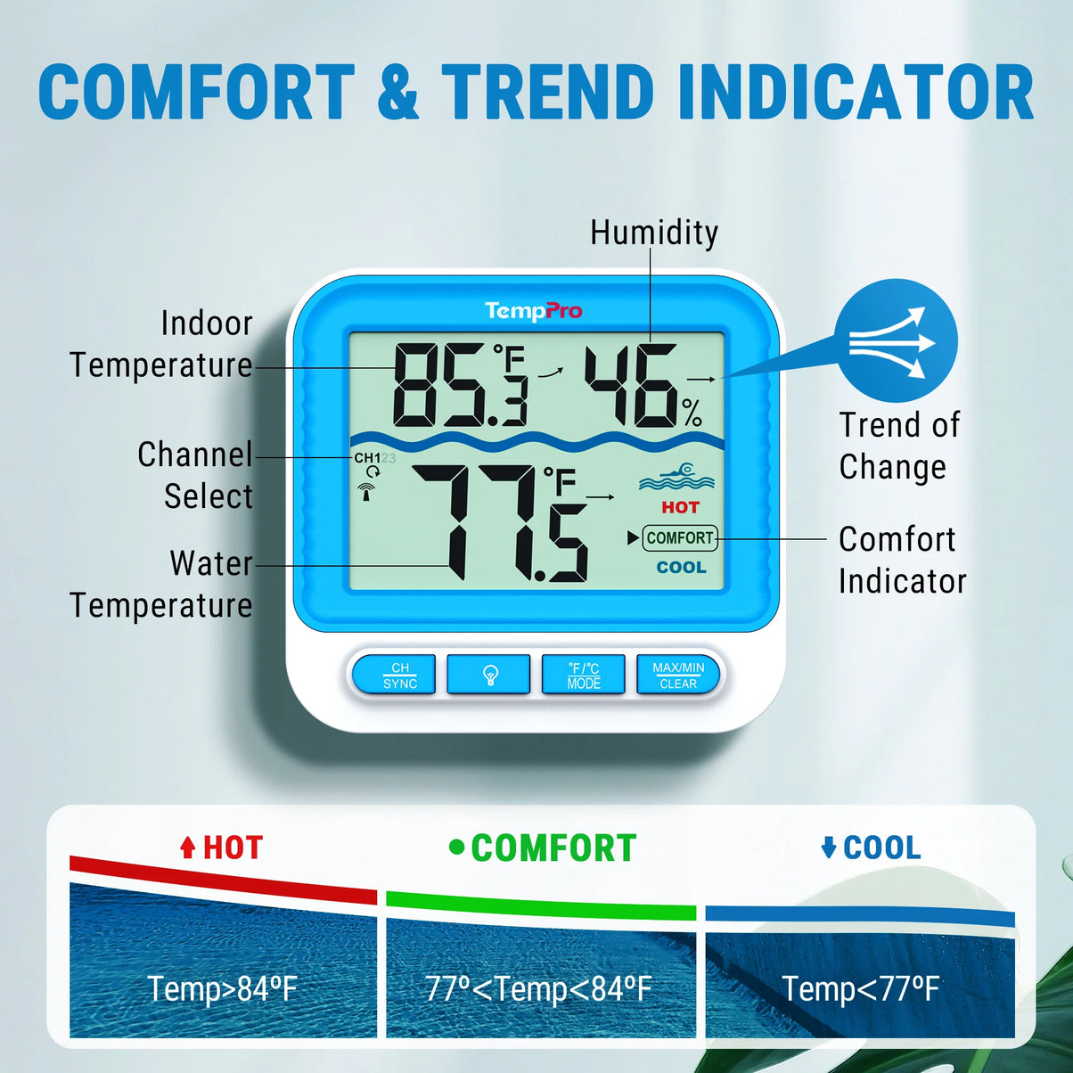 TempPro TempAir PLUS TP211B Wireless Pool Thermometer — 500ft Range, IPX8 Waterproof