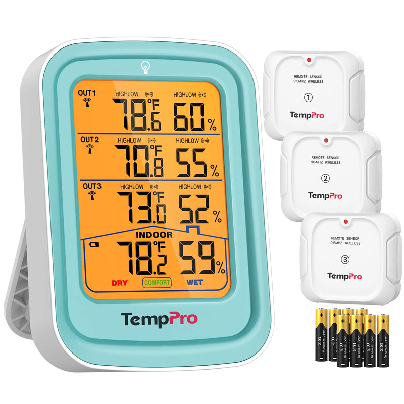 Termómetro e higrómetro inalámbricos de interior y exterior TempPro TP220B — 3 sensores remotos, 152 m