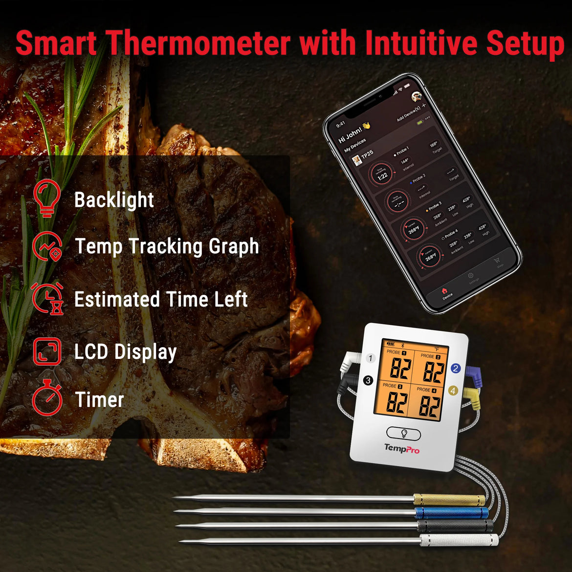 Thermomètre à viande sans fil TempPro TempSync PRO TP25 — 4 sondes, Bluetooth intelligent