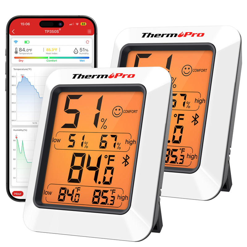 TP350 - Paquete de 2 termómetros higrómetros con Bluetooth para el hogar