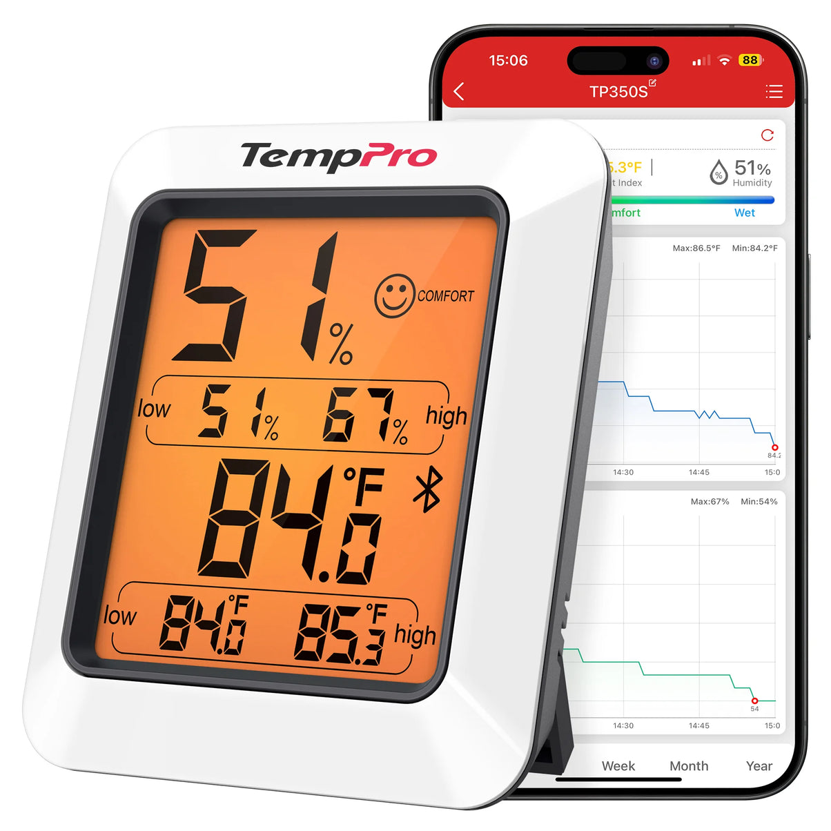 Thermo-hygromètre Bluetooth TempPro TP350 – Portée de 80 m, stockage de données pendant 2 ans