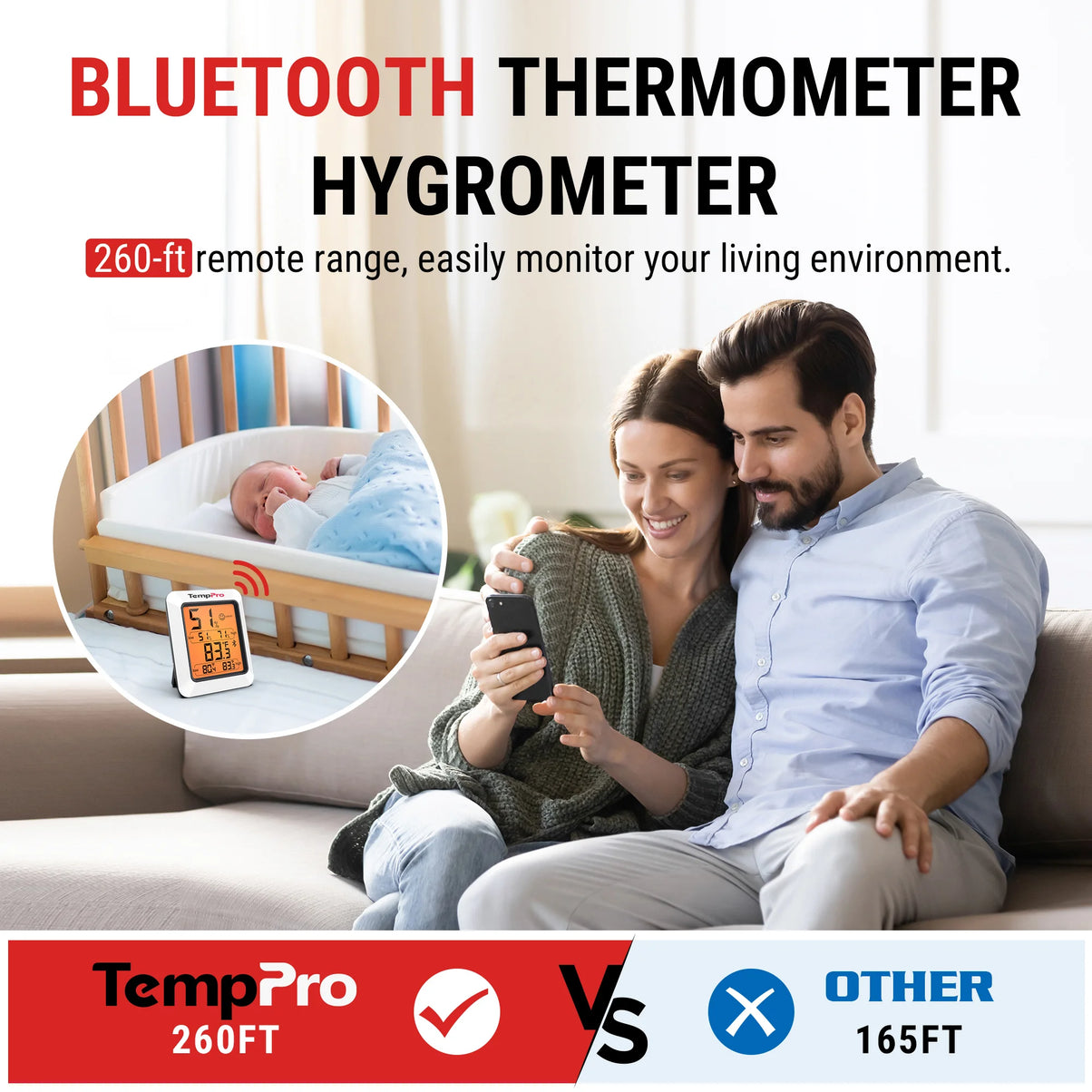 Thermo-hygromètre Bluetooth TempPro TP350 – Portée de 80 m, stockage de données pendant 2 ans