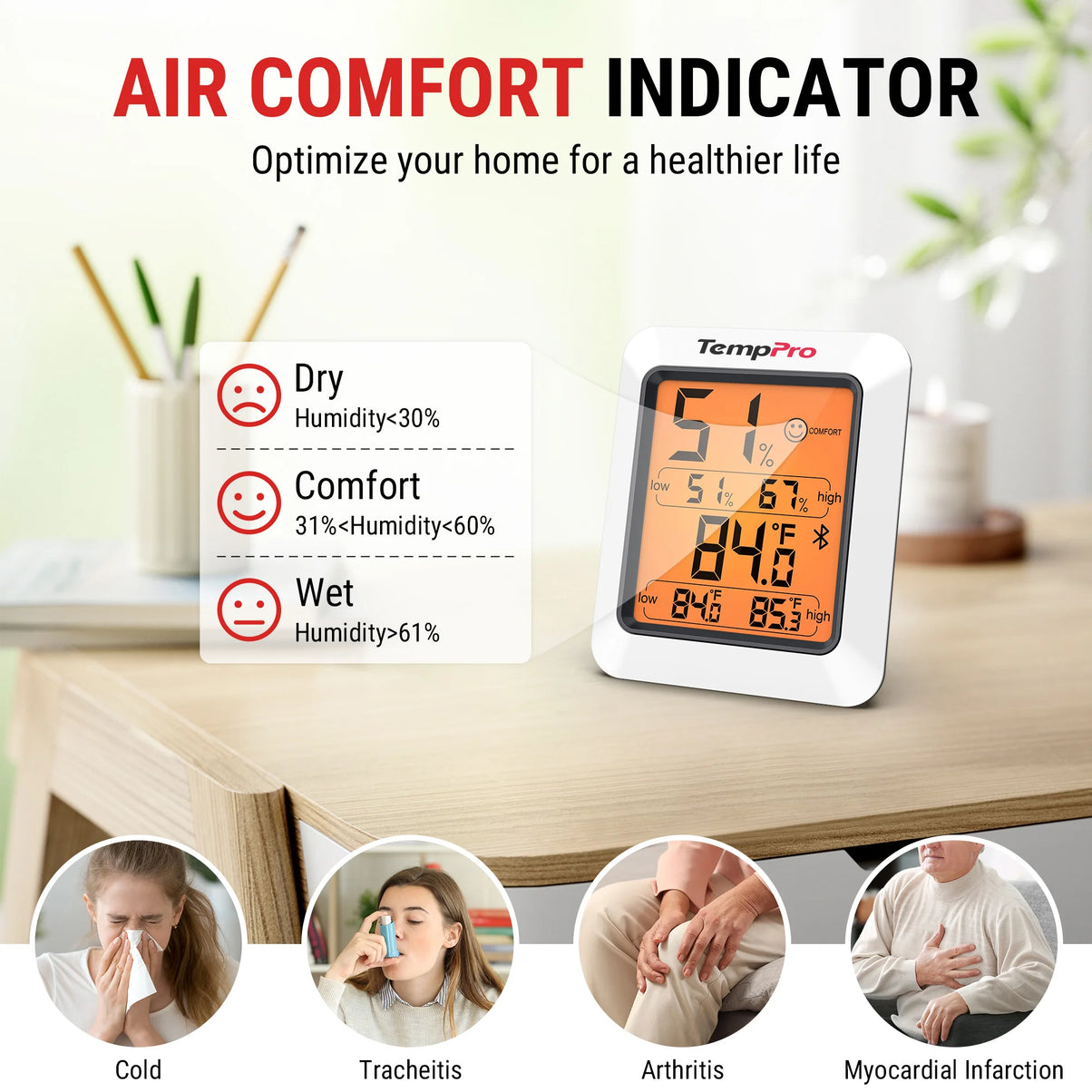 Thermo-hygromètre Bluetooth TempPro TP350 – Portée de 80 m, stockage de données pendant 2 ans
