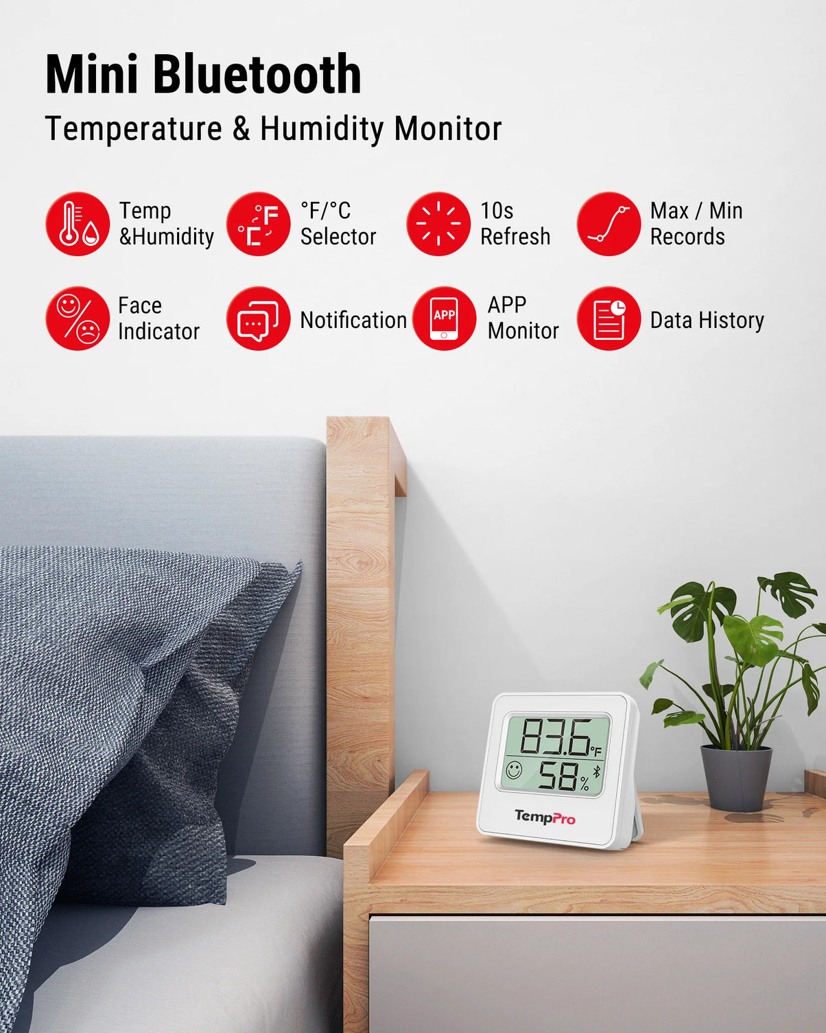 Thermomètre et hygromètre d'intérieur Bluetooth TempPro TP357 — Portée de 80 m, alertes instantanées