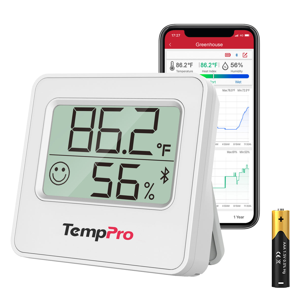 TempPro TempAir ELITE TP357 Bluetooth Indoor Hygrometer & Thermometer — 260ft Range, Instant Alerts