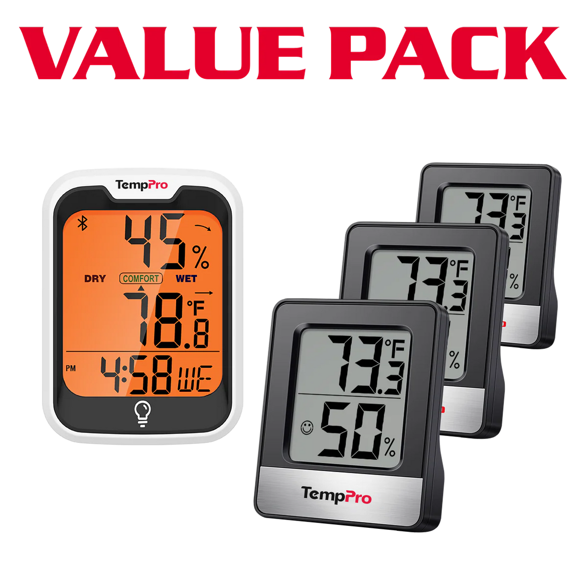 Thermomètre-hygromètre Bluetooth TempPro TP358 + mini-hygromètres TP49B (pack de 3) — Moniteur de température et d'humidité intérieure