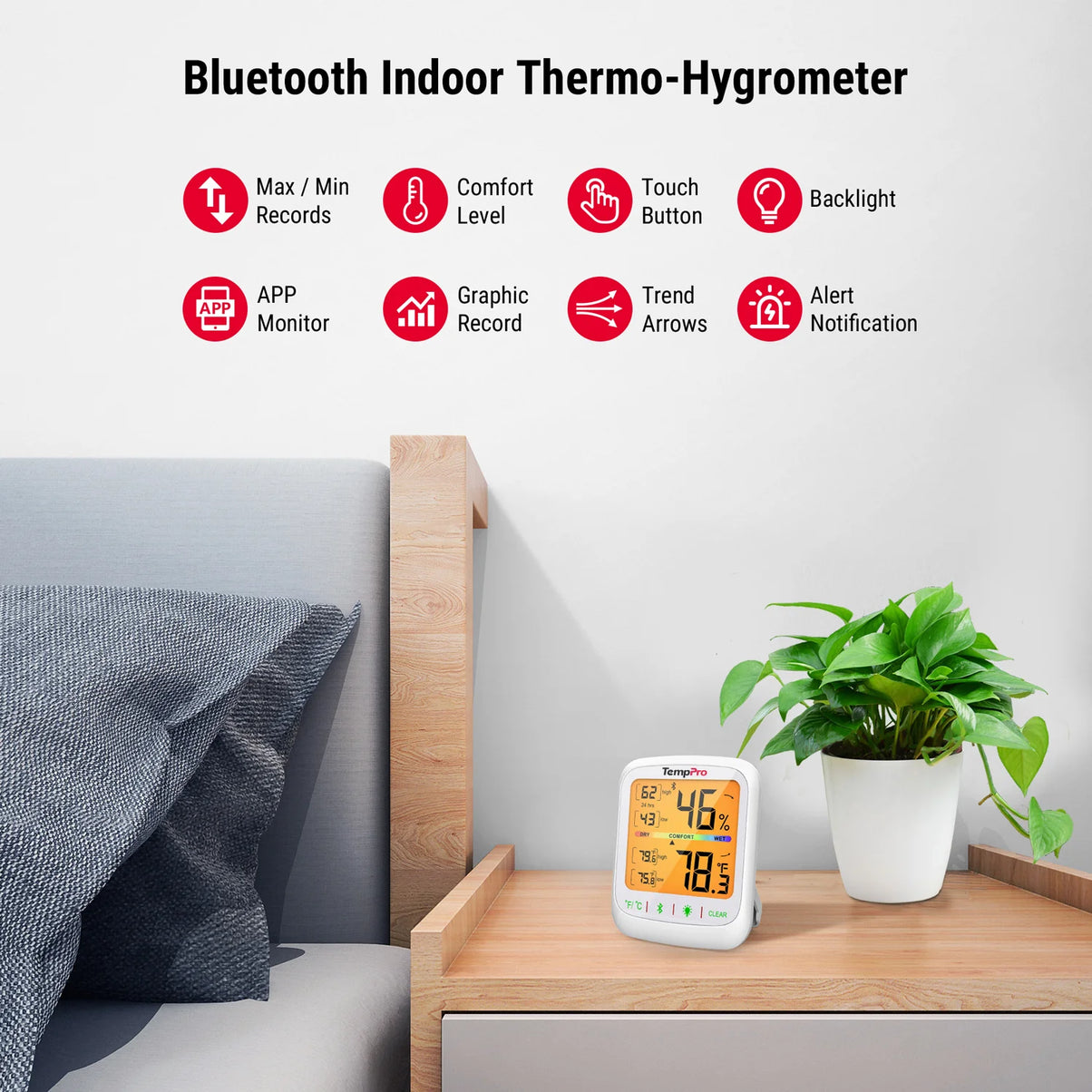 Thermomètre et hygromètre d'intérieur Bluetooth TempPro TP359 — Portée de 80 m, application intelligente