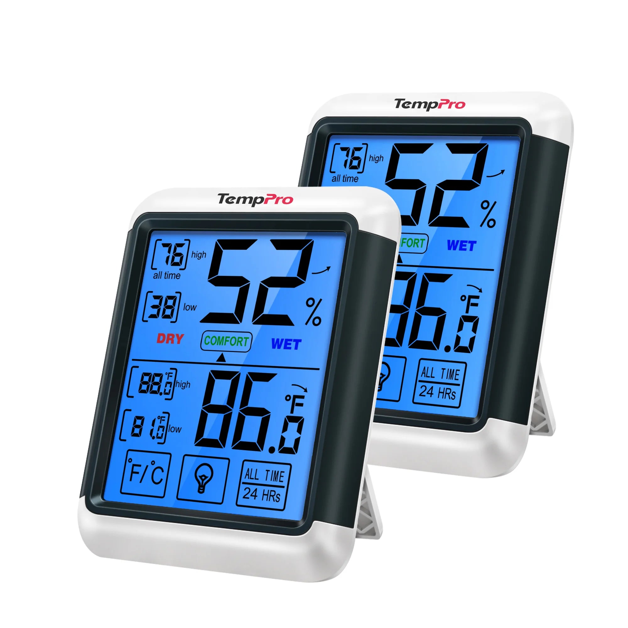 ThermoPro TP55 2 Pieces Digital Hygrometer Indoor Thermometer Humidity Gauge with Jumbo Touchscreen and Backlight Temperature Humidity Monitor