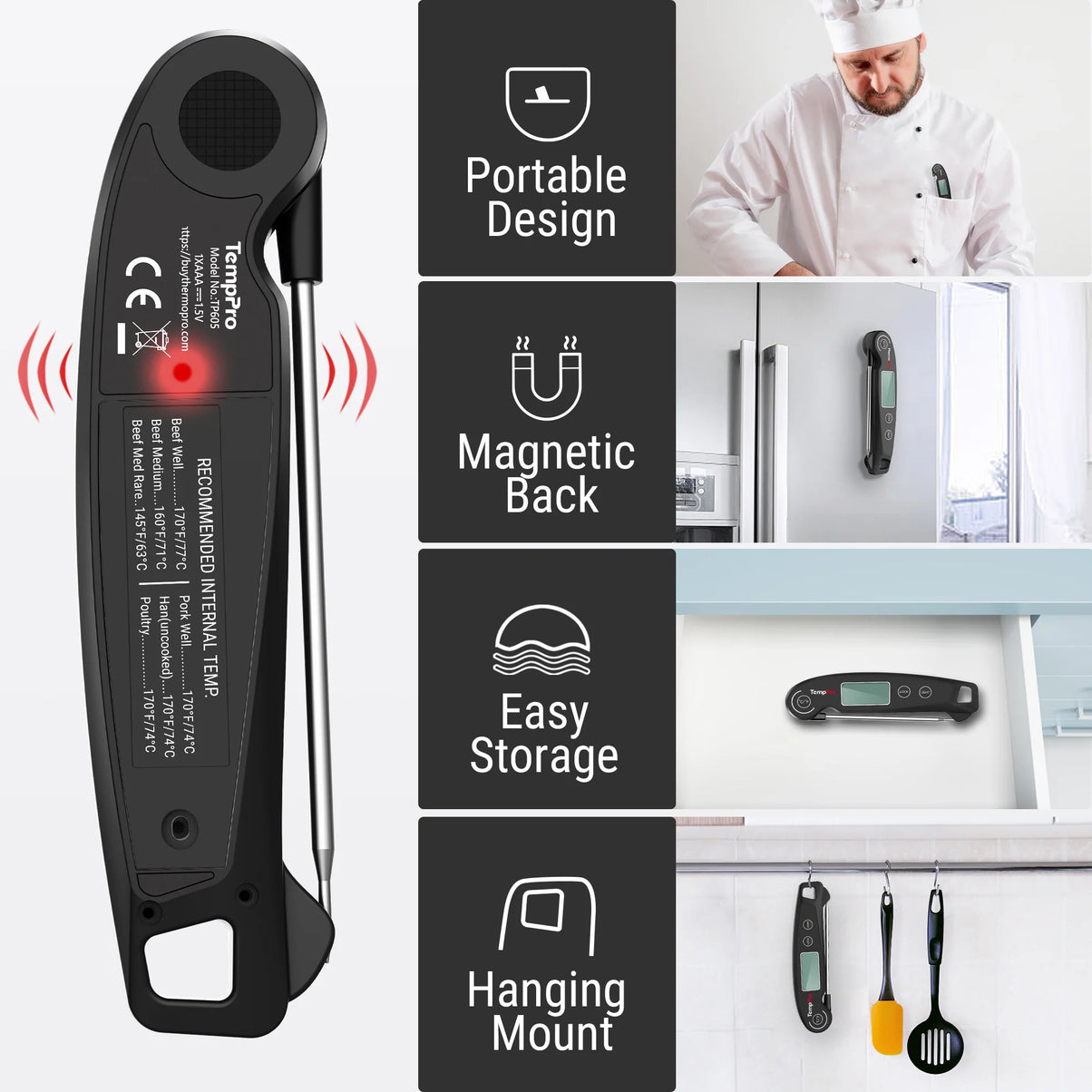 Thermomètre à viande à lecture instantanée TempPro TempSwift PLUS TP605 — Numérique, lecture rapide, sonde pliable