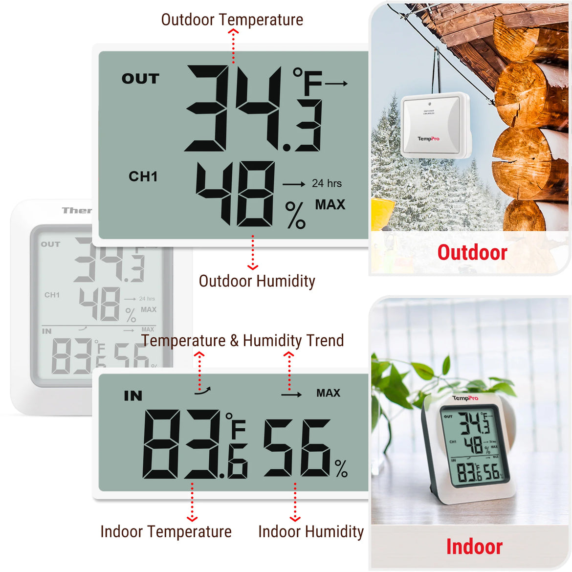 TempPro TempAir PLUS TP60B Wireless Indoor Outdoor Thermometer & Hygrometer — 500ft Range, High/Low