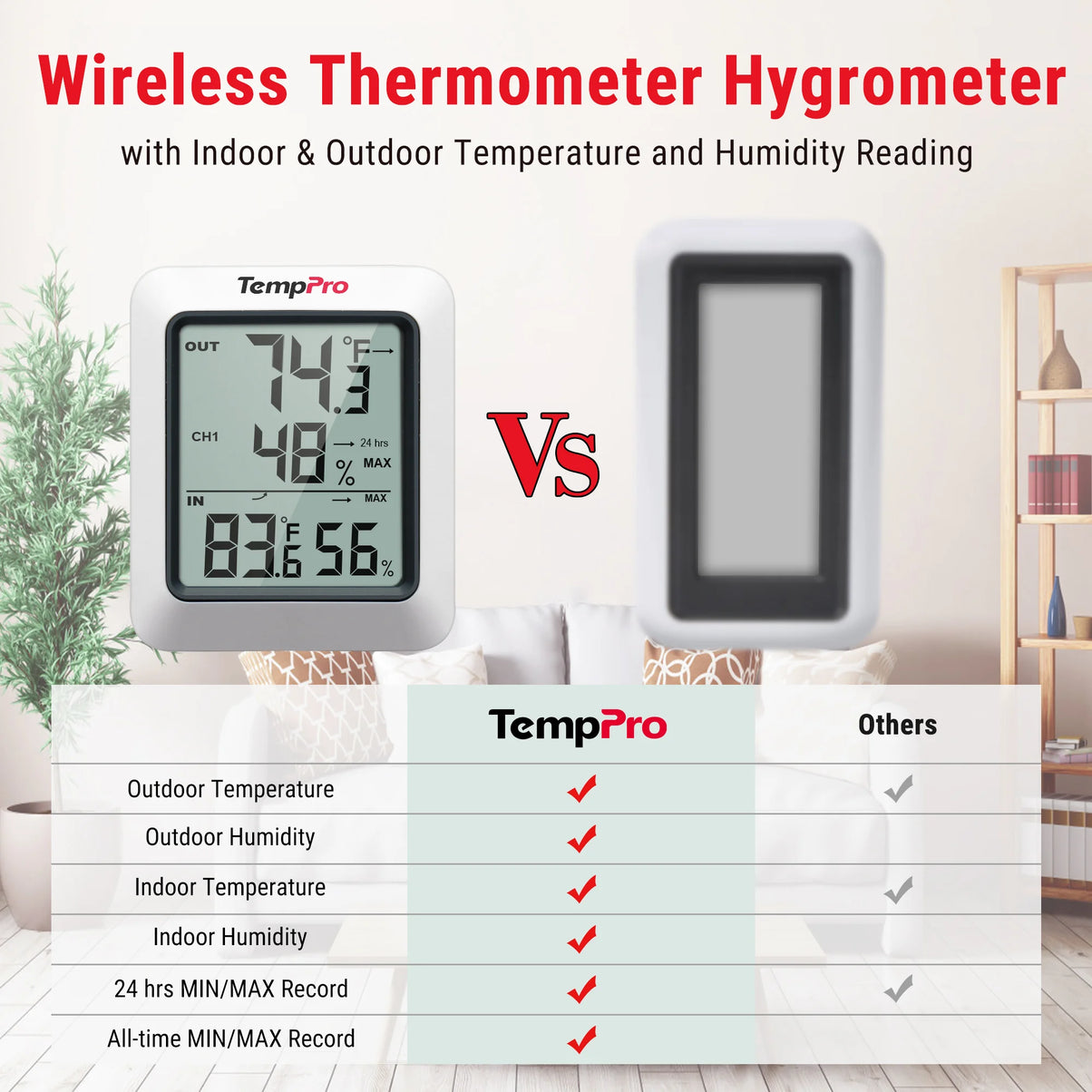 Termómetro e higrómetro inalámbrico para interior y exterior TempPro TempAir PLUS TP60B — 150 m de alcance, máximos/mínimos