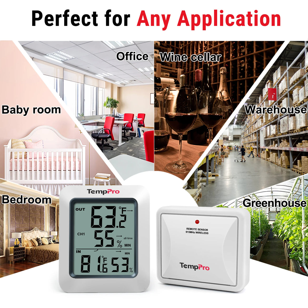 TempPro TempAir PLUS TP60B Wireless Indoor Outdoor Thermometer & Hygrometer — 500ft Range, High/Low