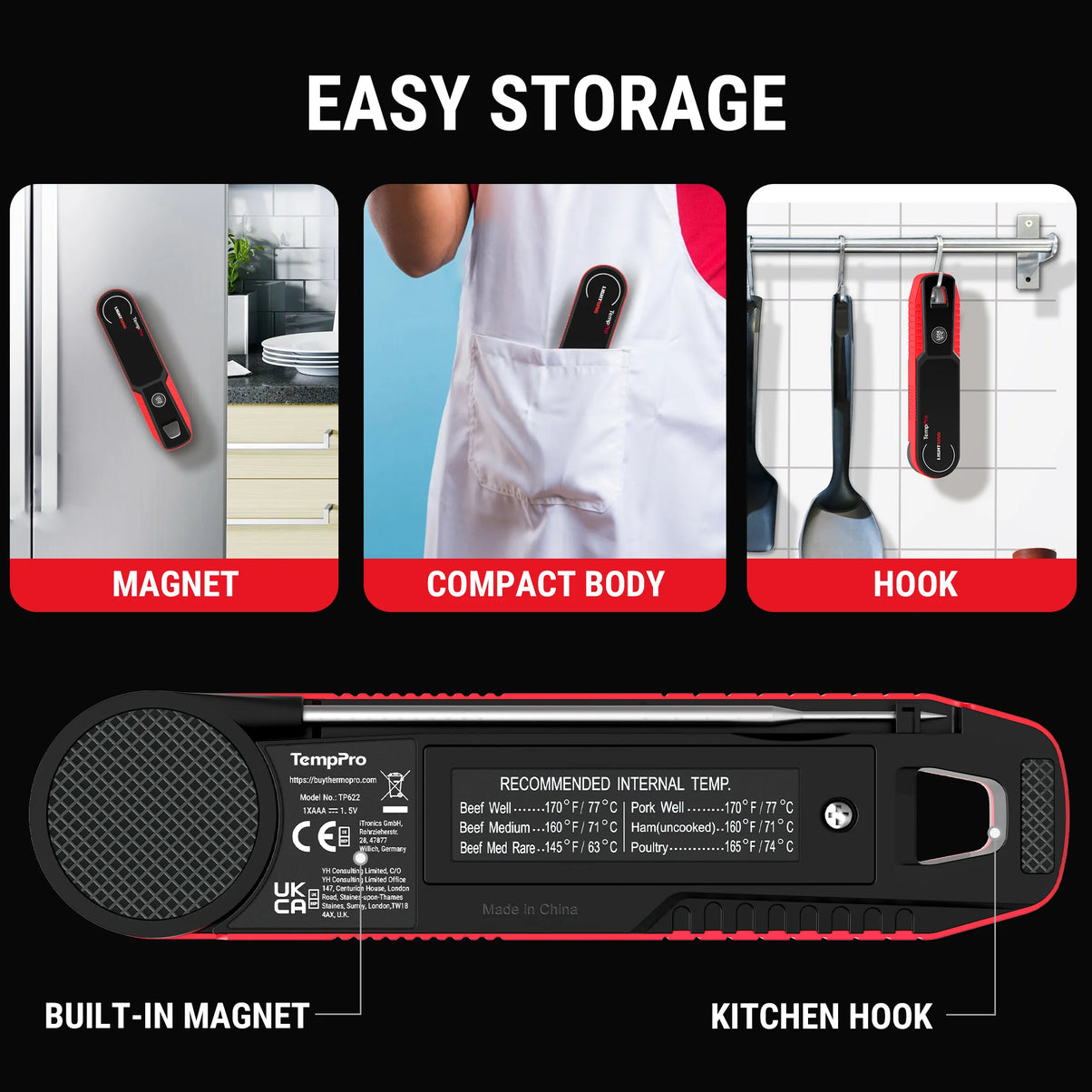 TempPro TP622W Lightning Instant-Read Meat Thermometer — 0.1-Second Read, ±0.5°F, 10-Year Warranty, Red·Store Edition