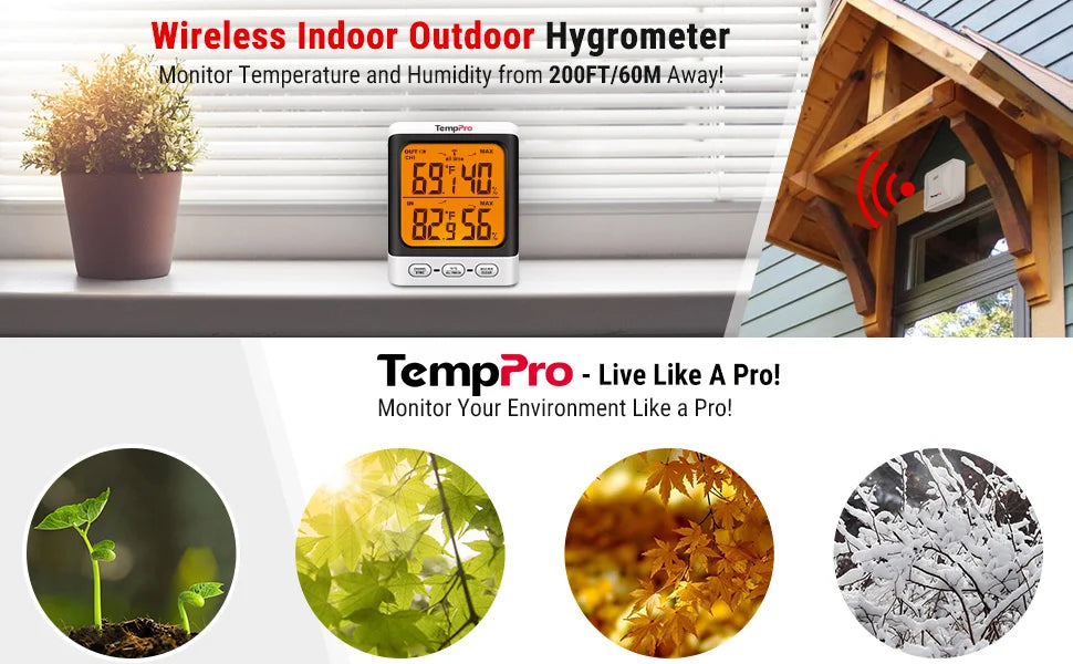 Thermomètre et hygromètre sans fil TempPro TP62B intérieur/extérieur — Portée de 150 m, max/min