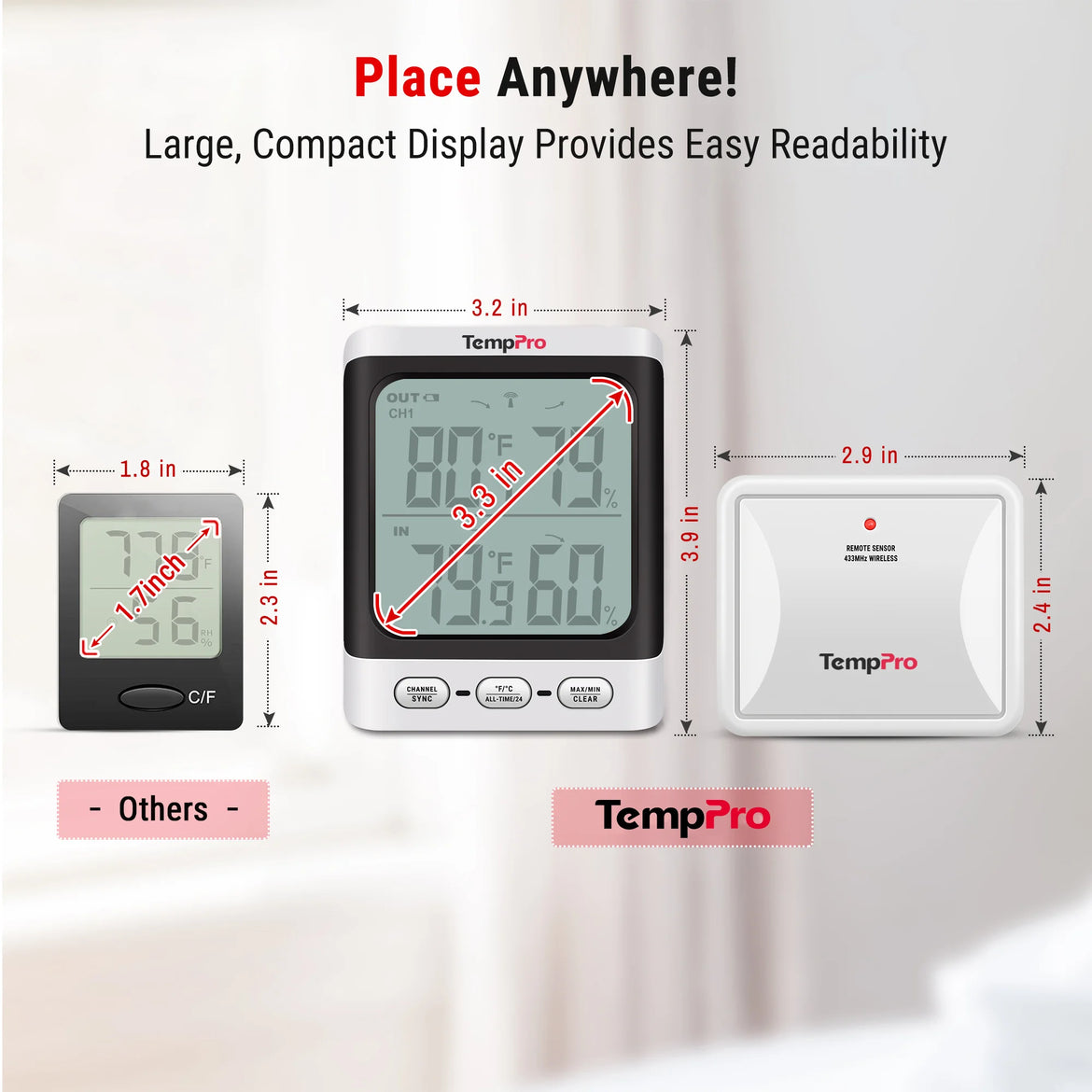 Thermomètre et hygromètre sans fil TempPro TempAir PLUS TP62B intérieur/extérieur — Portée de 150 m, Max/Min