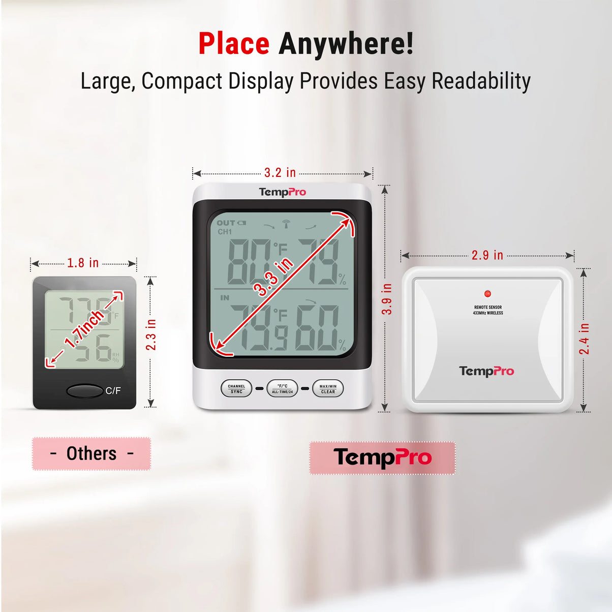 Thermomètre et hygromètre sans fil TempPro TP62B intérieur/extérieur — Portée de 150 m, max/min